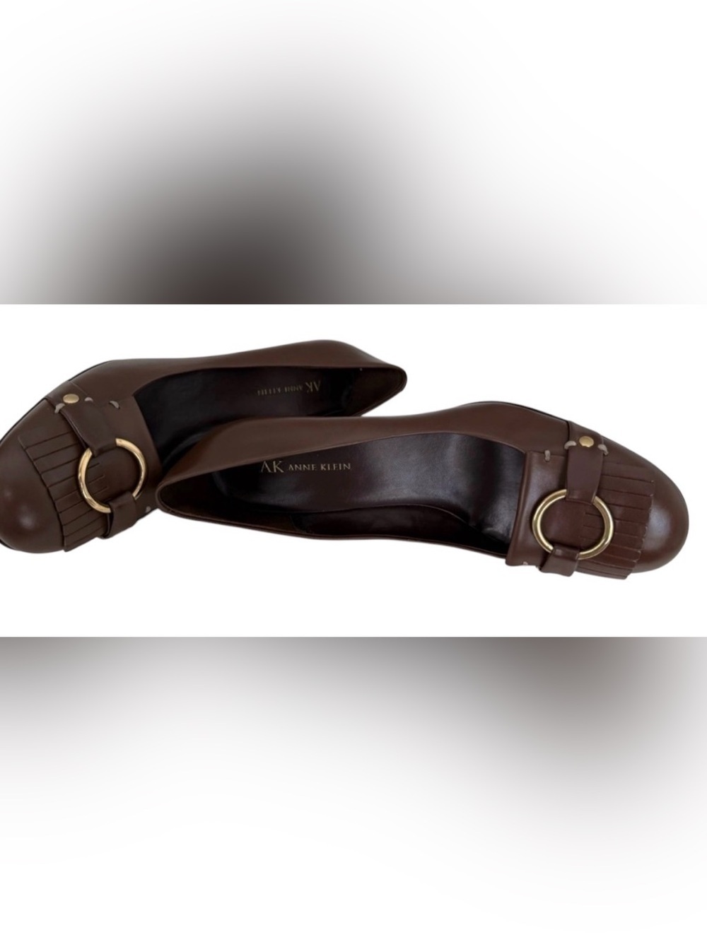 Anne Klein Brown Leather Pumps Size 8.5 Gold Ring Buckle Fringe New Without Box - Picture 8 of 13